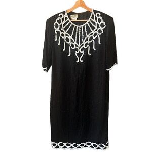 Vintage Brilliante JA 100% Silk Allover Beaded Black White Sheath Midi Dress 2X